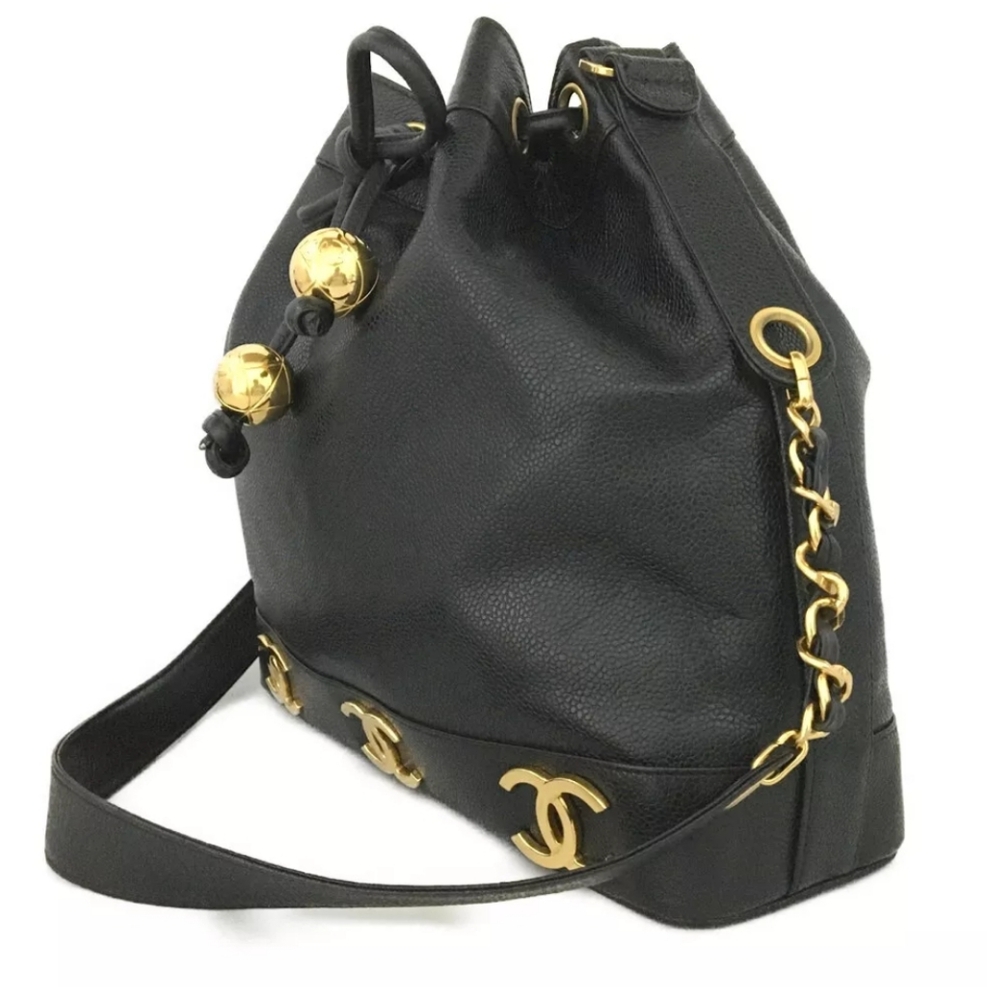 CHANEL Black Triple Coco CC Logo Cavier Leather Drawstring Shoulder Bag - Picture 3 of 12